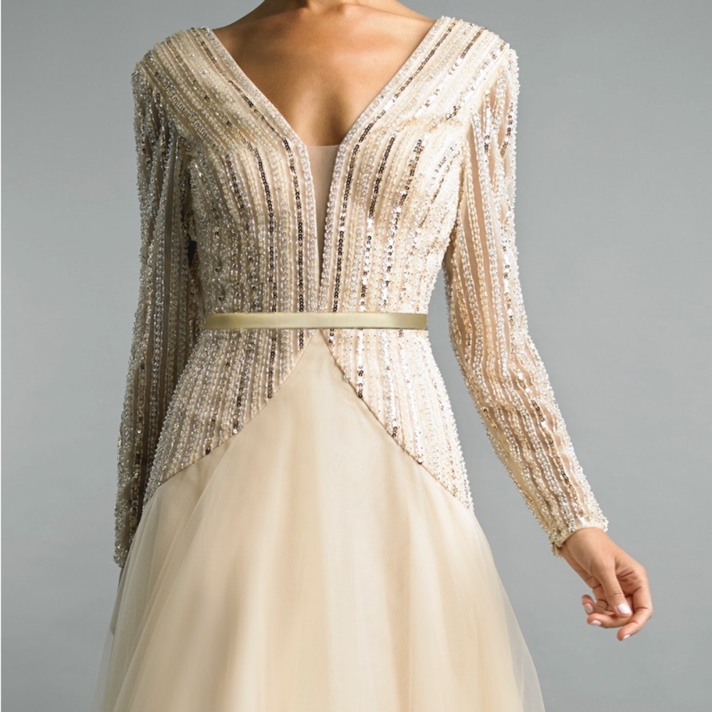BASIX BLACK LABEL LONG SLEEVE SEQUINED GOWN IN CHAMPAGNE SIZE 6 - Picture 3 of 17